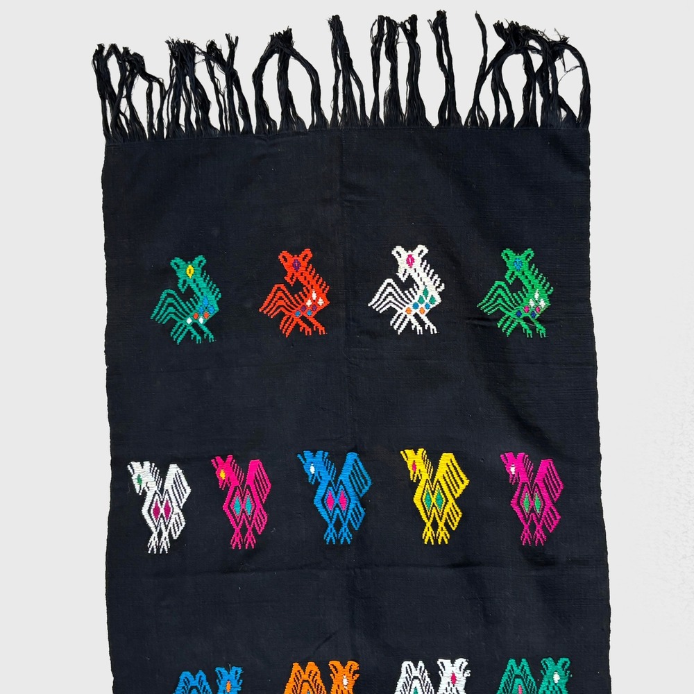VTG Handwoven Guatemalan Embroidered Bird Textile Fringe Tapestry Runner Rainbow